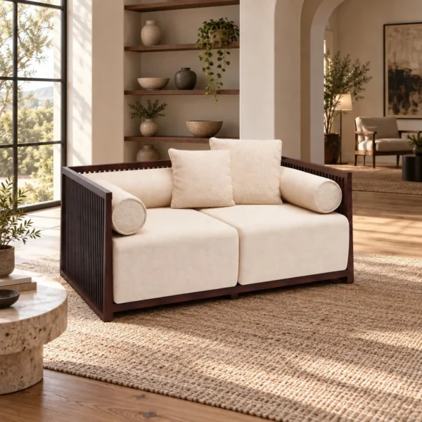 Modern Chinese Walnut Slat-Back Loveseat in walnut — in a room setting