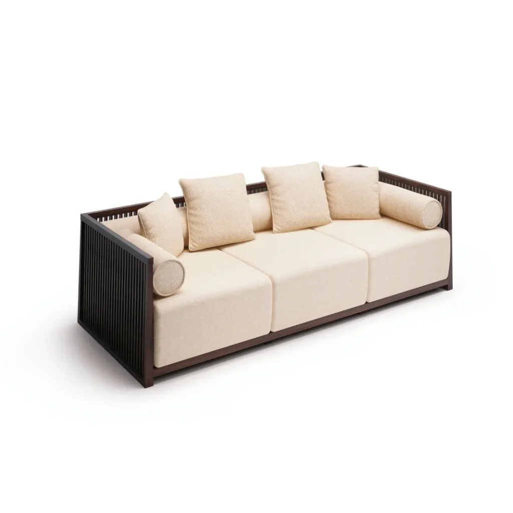 Modern Chinese Walnut Slat-Frame Three-Seat Sofa in walnut — front view