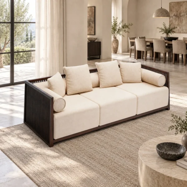 Modern Chinese Walnut Slat-Frame Three-Seat Sofa in walnut — in a room setting