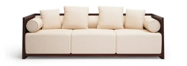 Modern Chinese Walnut Slat-Frame Three-Seat Sofa in walnut — in a room setting