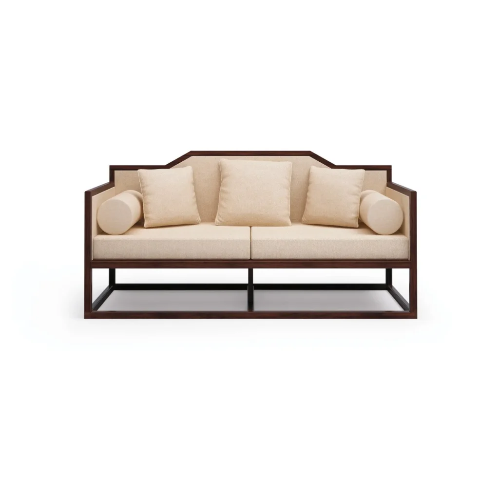 Modern Chinese Walnut Arched-Back Loveseat in Cream Fabric — front view