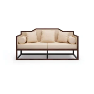 Modern Chinese Walnut Arched-Back Loveseat in Cream Fabric — front view