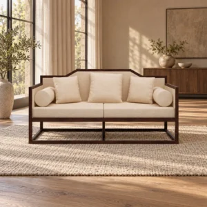 Modern Chinese Walnut Arched-Back Loveseat in Cream Fabric — in a room setting