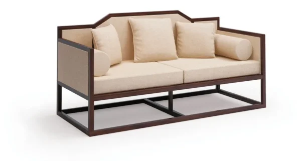 Modern Chinese Walnut Arched-Back Loveseat in Cream Fabric — in a room setting