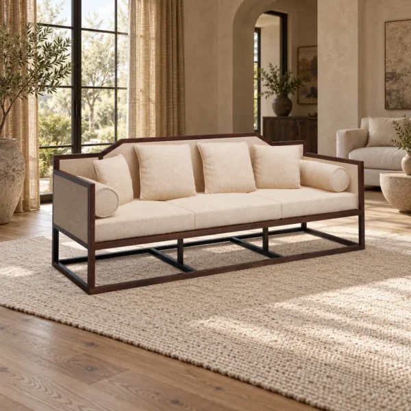 Modern Chinese Walnut Arched-Back Three-Seat Sofa in walnut — in a room setting