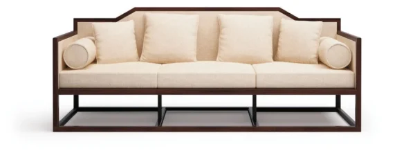 Modern Chinese Walnut Arched-Back Three-Seat Sofa in walnut — in a room setting
