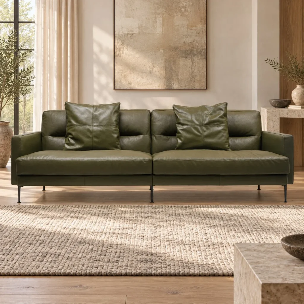 Olive Leather Two-Seat Sofa on Slim Black Legs, 214 cm in olive — front view