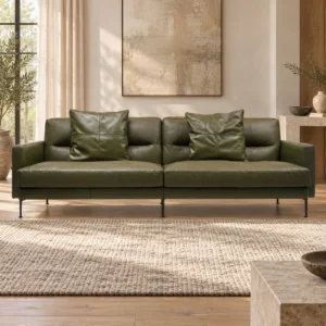 Olive Leather Two-Seat Sofa on Slim Black Legs, 214 cm in olive — front view