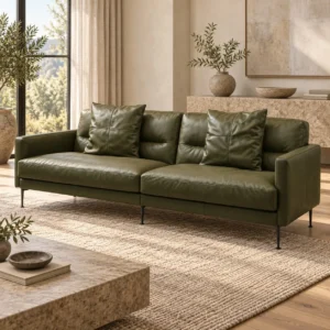 Olive Leather Two-Seat Sofa on Slim Black Legs, 214 cm in olive — in a room setting