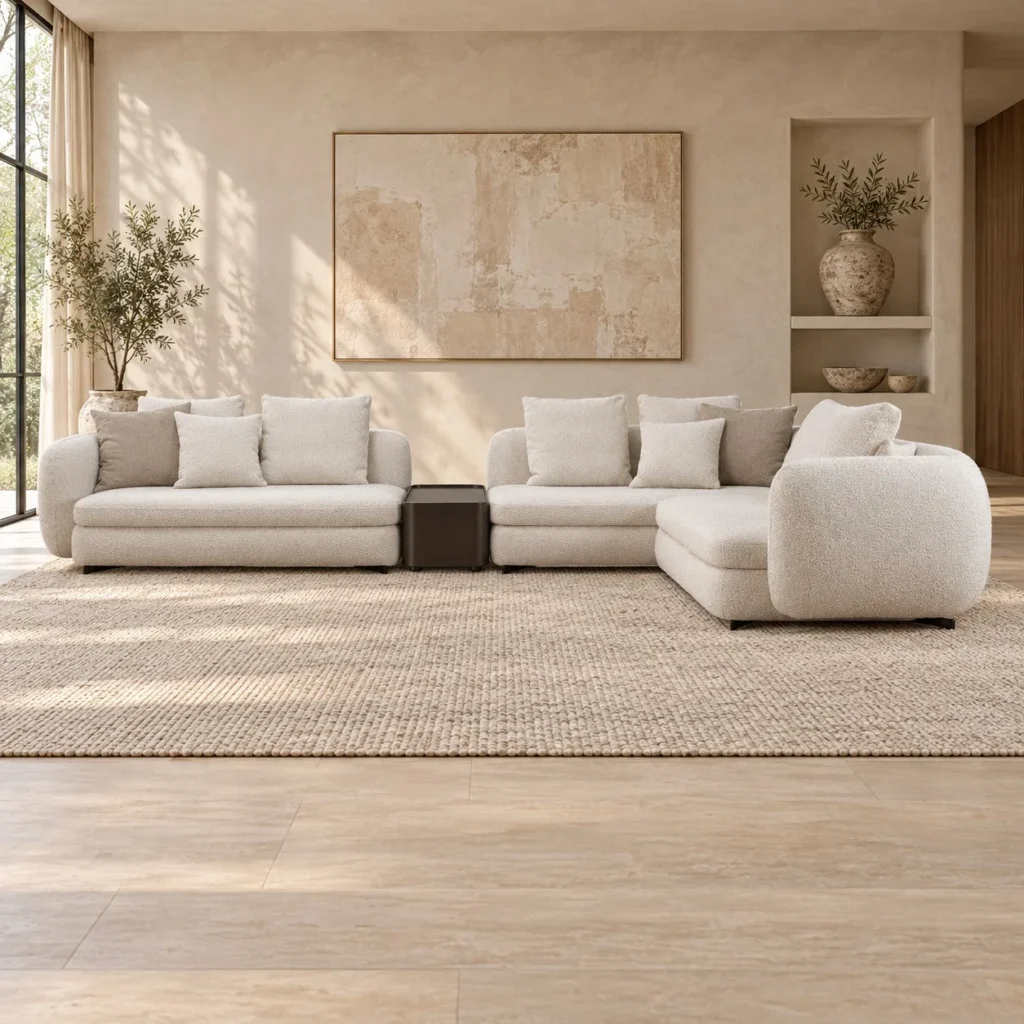 Cream Bouclé Modular Sectional with Chaise and Side Table in oatmeal — front view