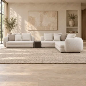 Cream Bouclé Modular Sectional with Chaise and Side Table in oatmeal — front view