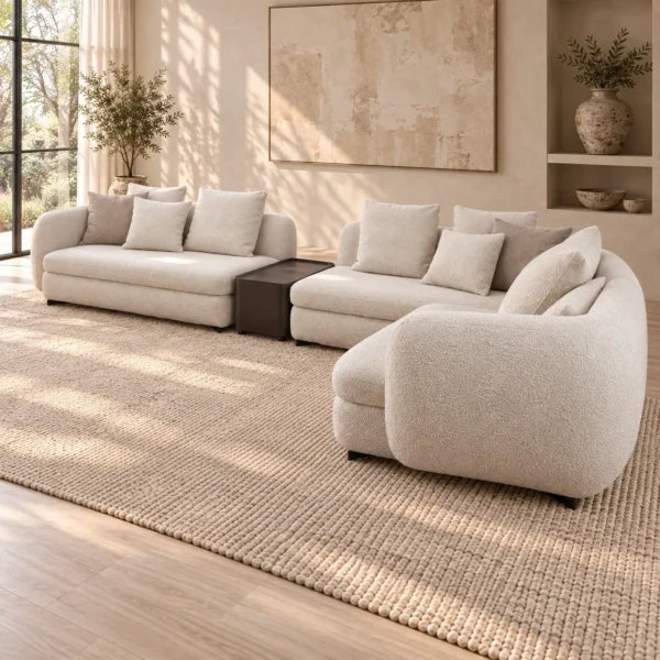 Cream Bouclé Modular Sectional with Chaise and Side Table in oatmeal — in a room setting
