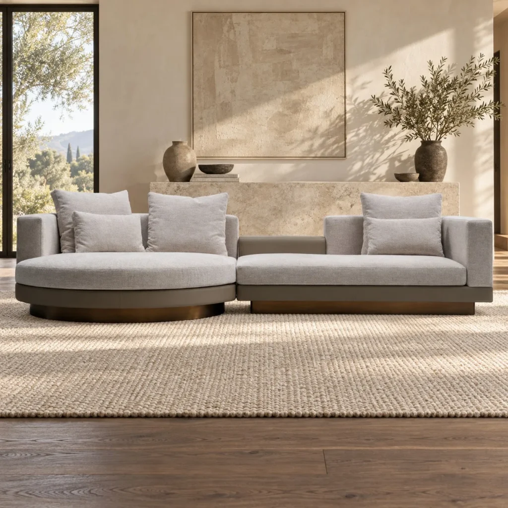 Light Grey Modular Sofa with Curved End on Wood Plinth in slate — front view