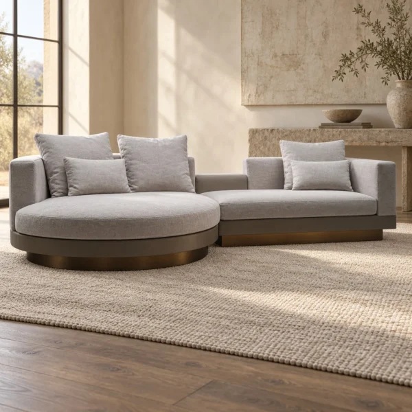 Light Grey Modular Sofa with Curved End on Wood Plinth in slate — in a room setting