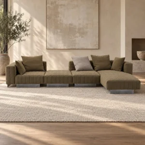 Olive Channel-Quilted Modular Sectional with Chaise, 388 cm in olive — front view