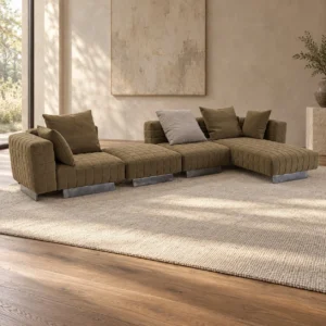 Olive Channel-Quilted Modular Sectional with Chaise, 388 cm in olive — in a room setting