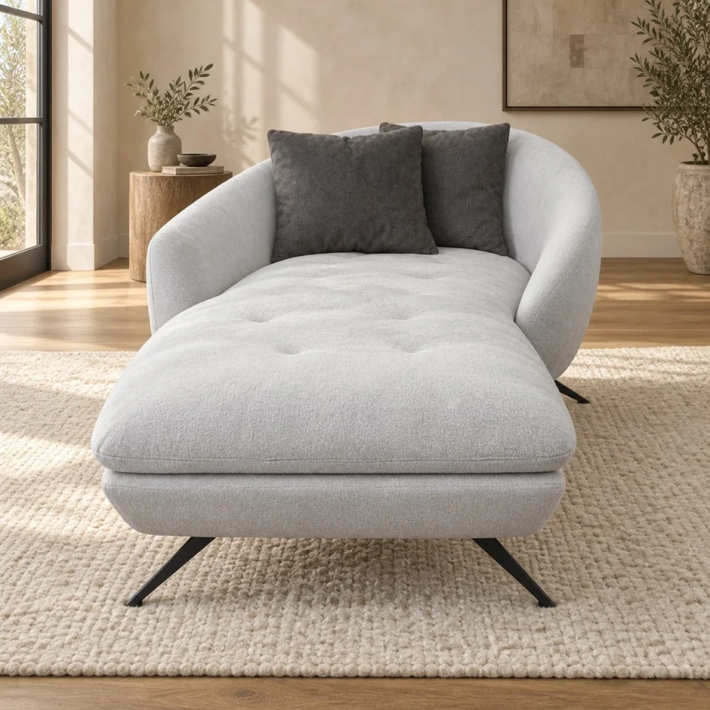 Grey Bouclé Curved Daybed on Black Metal Legs, 200 cm in slate — front view