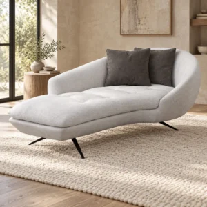 Grey Bouclé Curved Daybed on Black Metal Legs, 200 cm in slate — in a room setting