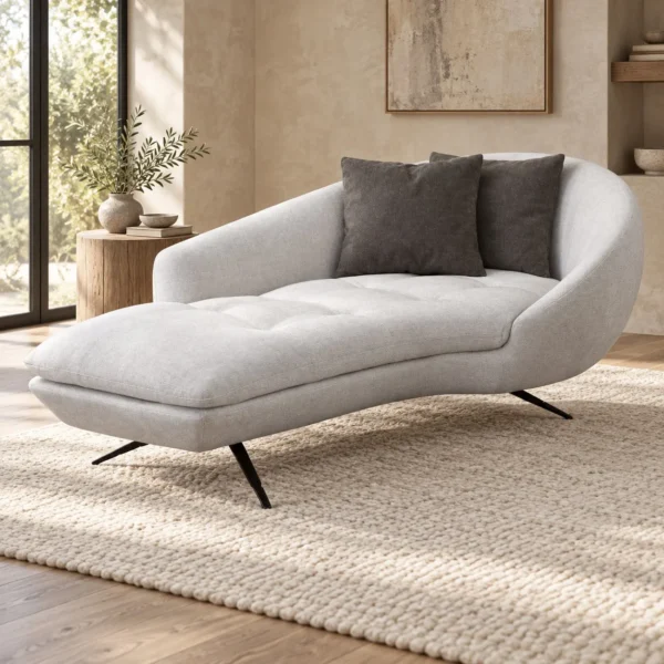 Grey Bouclé Curved Daybed on Black Metal Legs, 200 cm in slate — in a room setting