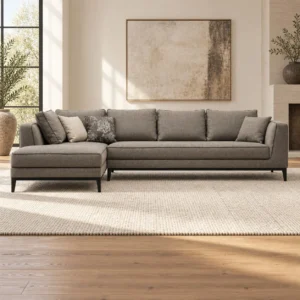 Grey Fabric L-Shaped Sectional with Chaise on Black Legs in slate — front view