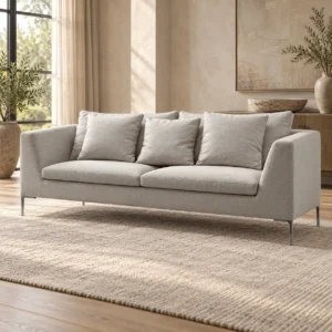 Light Grey Two-Seat Sofa with Flared Arms on Black Legs in slate — in a room setting
