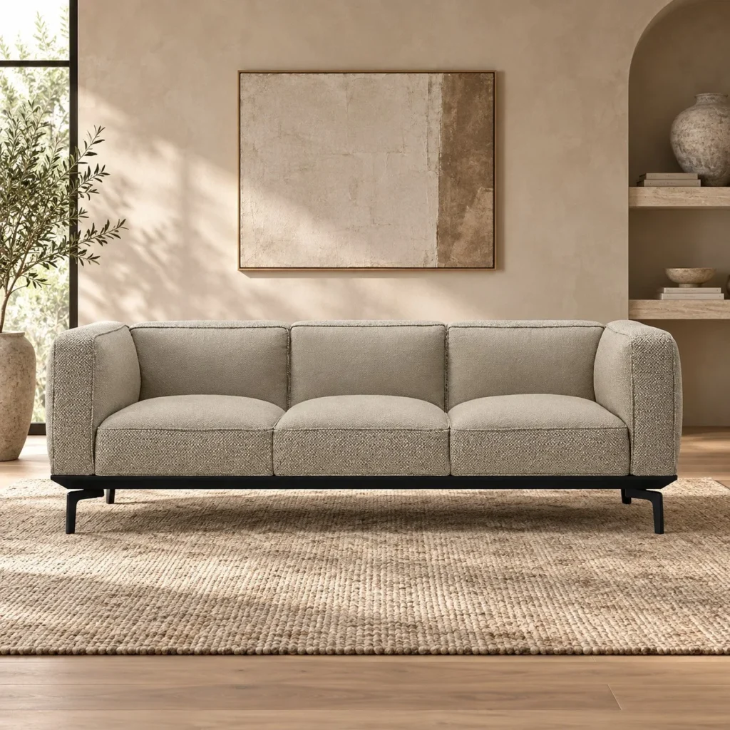 Beige Bouclé Three-Seat Sofa with Square Arms on Metal Legs in sand — front view