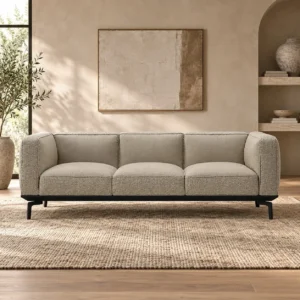 Beige Bouclé Three-Seat Sofa with Square Arms on Metal Legs in sand — front view