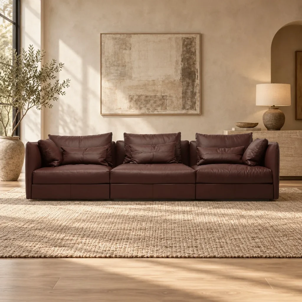 Burgundy Leather Three-Seat Sofa with Down Cushions, 315 cm in burgundy — front view
