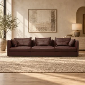 Burgundy Leather Three-Seat Sofa with Down Cushions, 315 cm in burgundy — front view
