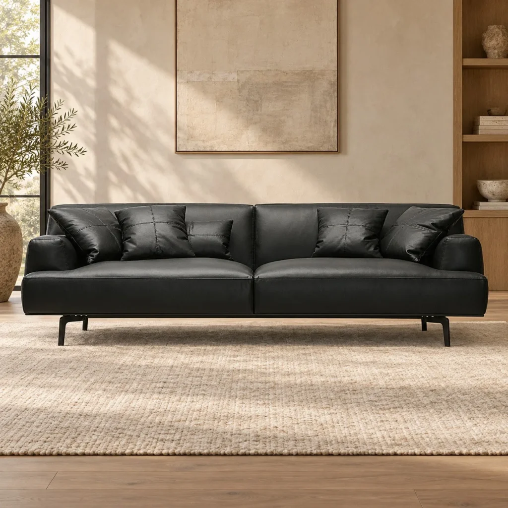Black Leather Sofa with Floating Cushions on Metal Legs in black — front view