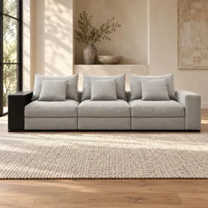 Light Grey Three-Seat Sofa with Black Side Console, 300 cm in slate — front view