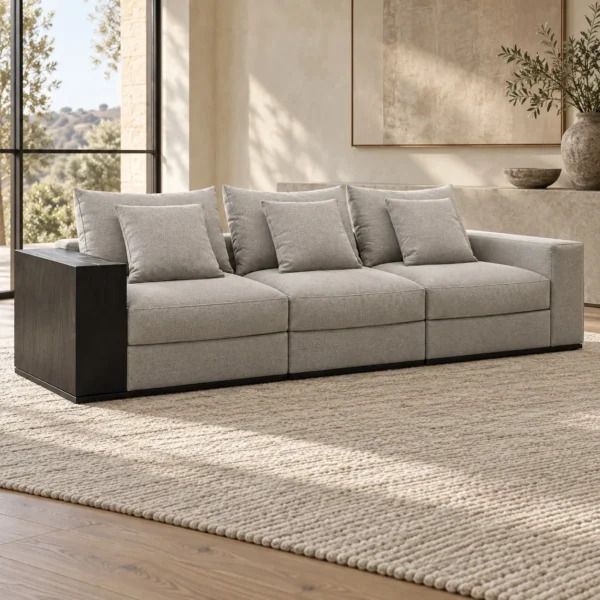 Light Grey Three-Seat Sofa with Black Side Console, 300 cm in slate — in a room setting