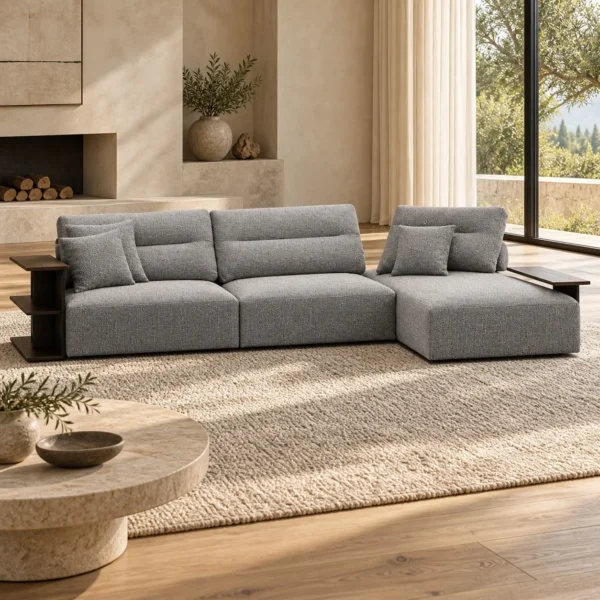 Grey Modular Sectional with Adjustable Backs and Chaise in slate — in a room setting