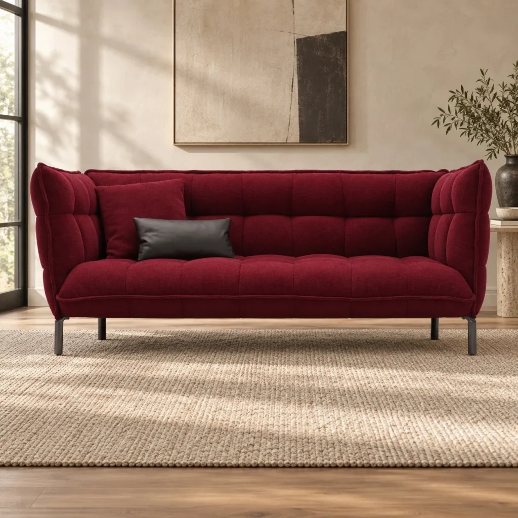 Crimson Quilted High-Back Sofa on Black Metal Legs, 225 cm in red — front view