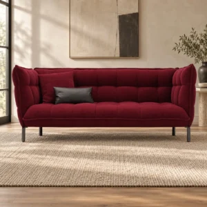 Crimson Quilted High-Back Sofa on Black Metal Legs, 225 cm in red — front view