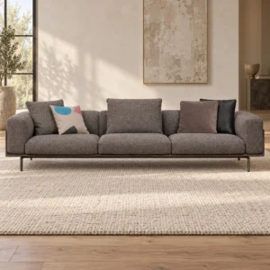Taupe Low Three-Seat Sofa on Slim Metal Base, 320 cm in clay — front view