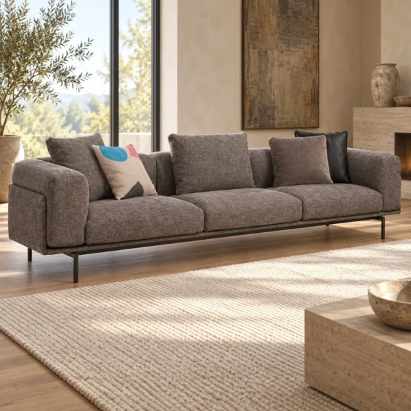 Taupe Low Three-Seat Sofa on Slim Metal Base, 320 cm in clay — in a room setting