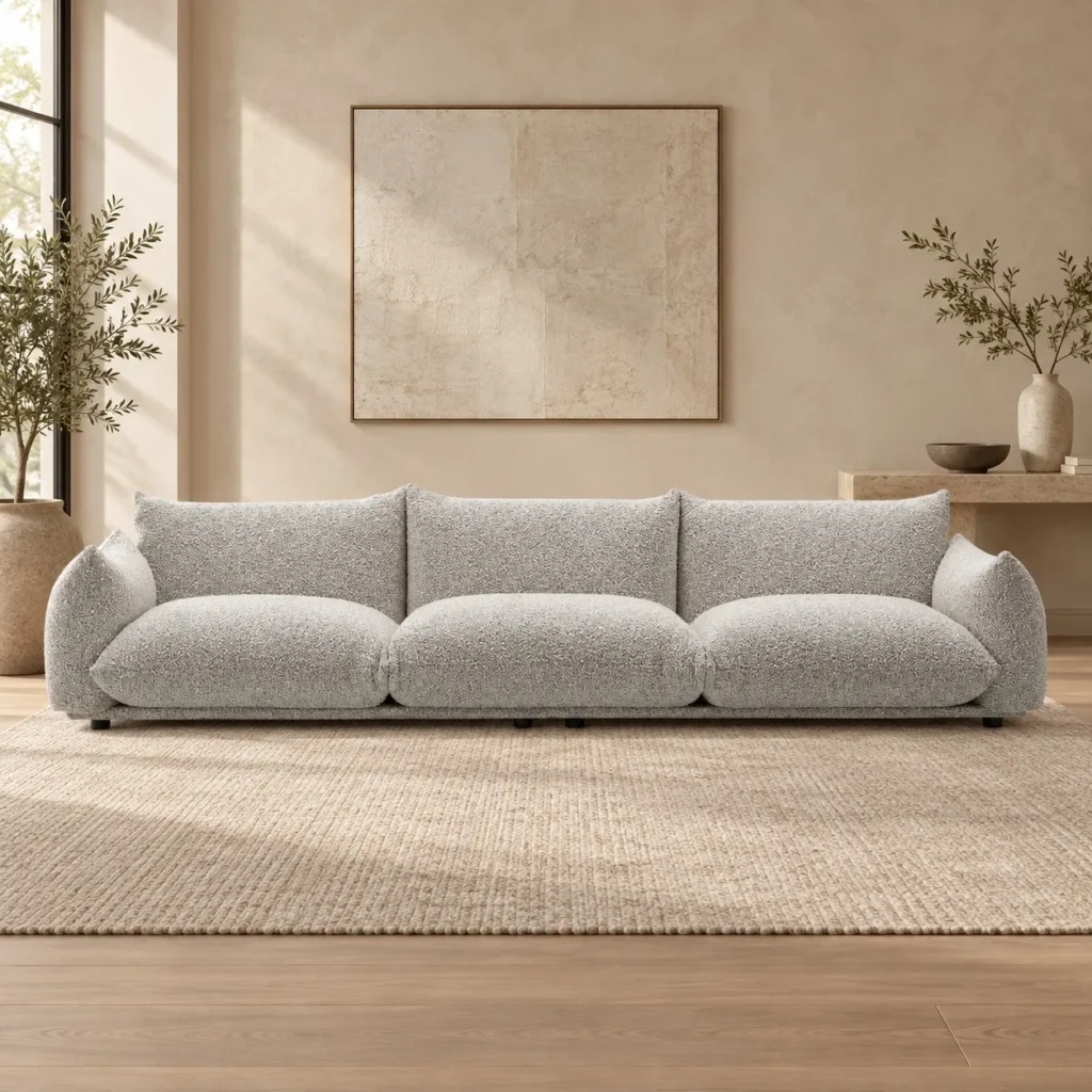 Light Grey Bouclé Sofa with Pillow-Top Arms, 315 cm in slate — front view