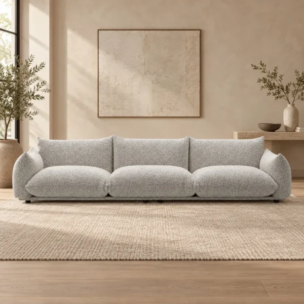 Light Grey Bouclé Sofa with Pillow-Top Arms, 315 cm in slate — in a room setting