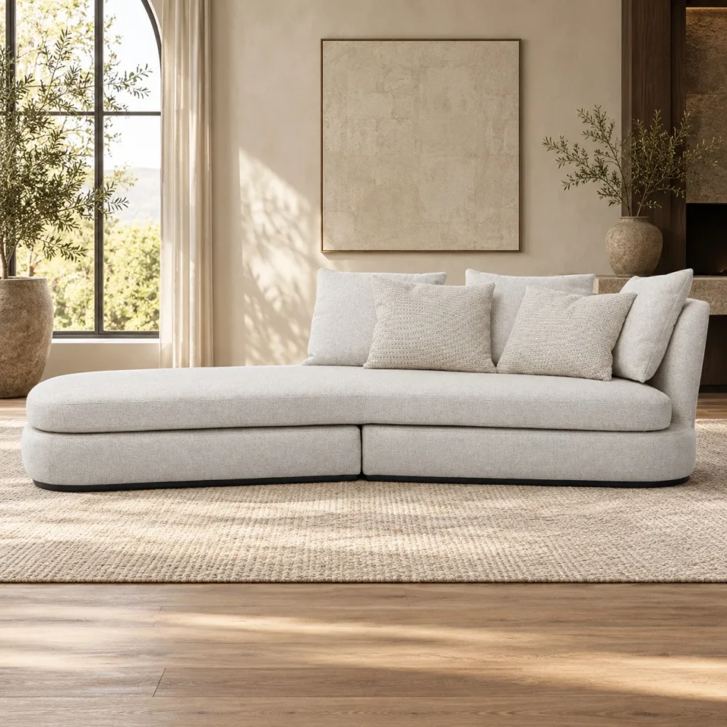 Cream Bouclé Curved Chaise Sofa with Rounded End, 286 cm in oatmeal — front view