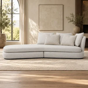 Cream Bouclé Curved Chaise Sofa with Rounded End, 286 cm in oatmeal — front view