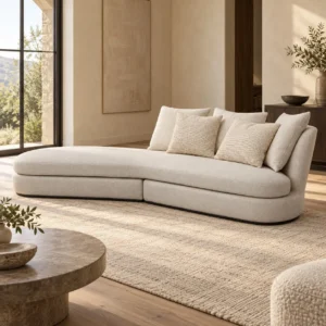 Cream Bouclé Curved Chaise Sofa with Rounded End, 286 cm in oatmeal — in a room setting