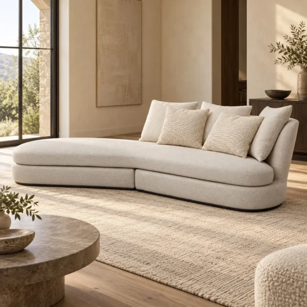 Cream Bouclé Curved Chaise Sofa with Rounded End, 286 cm in oatmeal — in a room setting