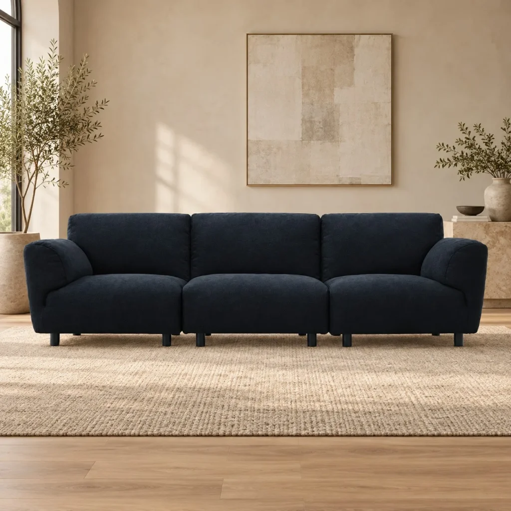 Navy Fabric Three-Seat Sofa with Rounded Cushions, 310 cm in blue — front view