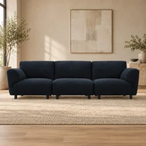 Navy Fabric Three-Seat Sofa with Rounded Cushions, 310 cm in blue — front view