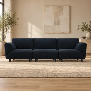 Navy Fabric Three-Seat Sofa with Rounded Cushions, 310 cm in blue — in a room setting