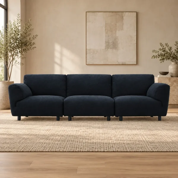 Navy Fabric Three-Seat Sofa with Rounded Cushions, 310 cm in blue — in a room setting