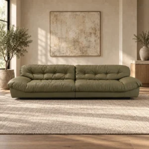 Olive Leather Tufted Two-Seat Sofa with Pillow Arms, 312 cm in olive — in a room setting