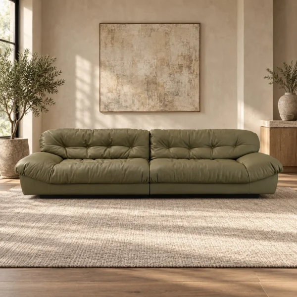 Olive Leather Tufted Two-Seat Sofa with Pillow Arms, 312 cm in olive — in a room setting