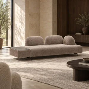 Dune Low Sofa in Taupe Fabric with Rounded Backrests and — front view
